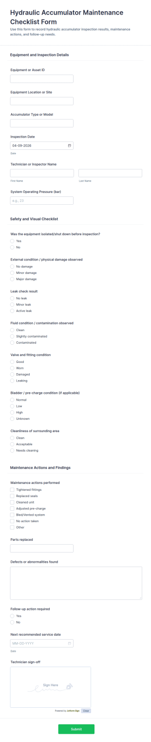 Hydraulic Accumulator Maintenance Checklist Form Template