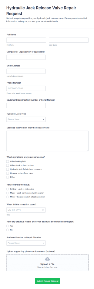 Hydraulic Jack Release Valve Repair Request Form Template