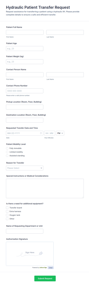 Hydraulic Patient Transfer Request Form Template