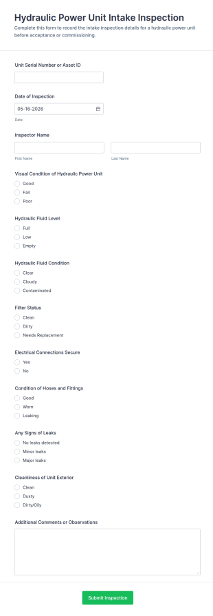 Hydraulic Power Unit Intake Inspection Form Template