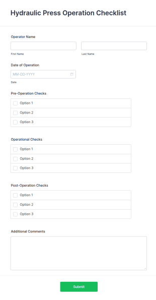 Hydraulic Press Operation Checklist Form Template