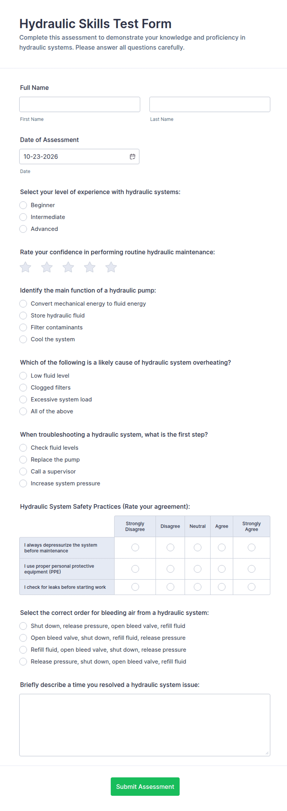 Hydraulic Skills Assessment Form Template | Jotform
