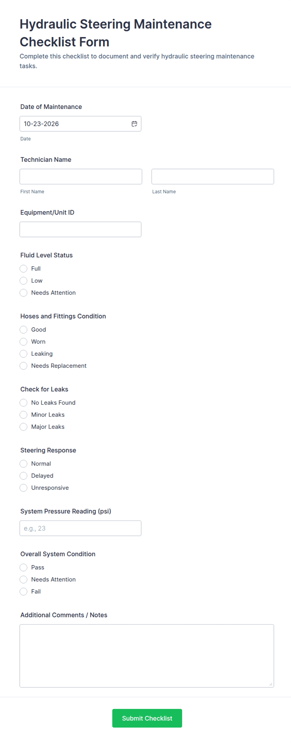 Hydraulic Steering Maintenance Checklist Form Template | Jotform