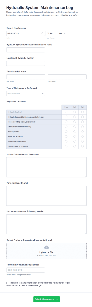 Hydraulic System Maintenance Log Form Template