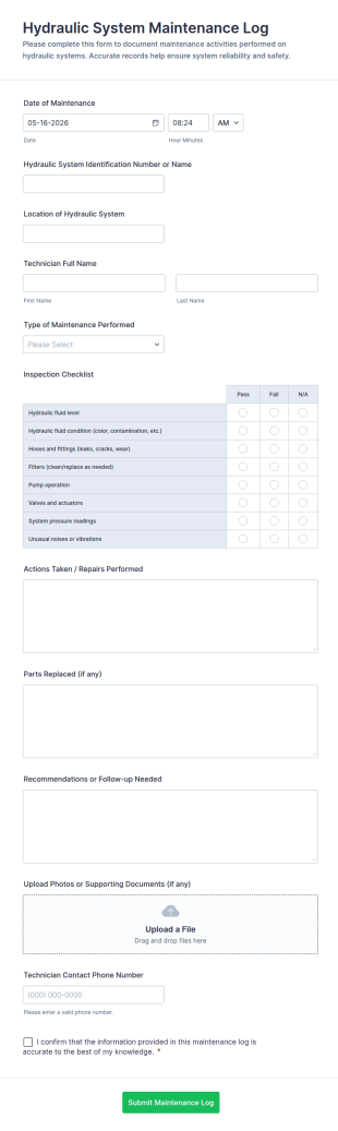Hydraulic System Maintenance Log Form Template