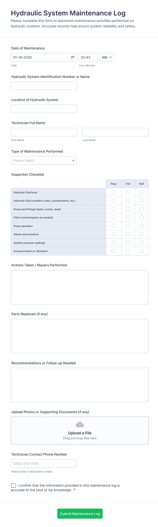 Hydraulic System Maintenance Log Form Template