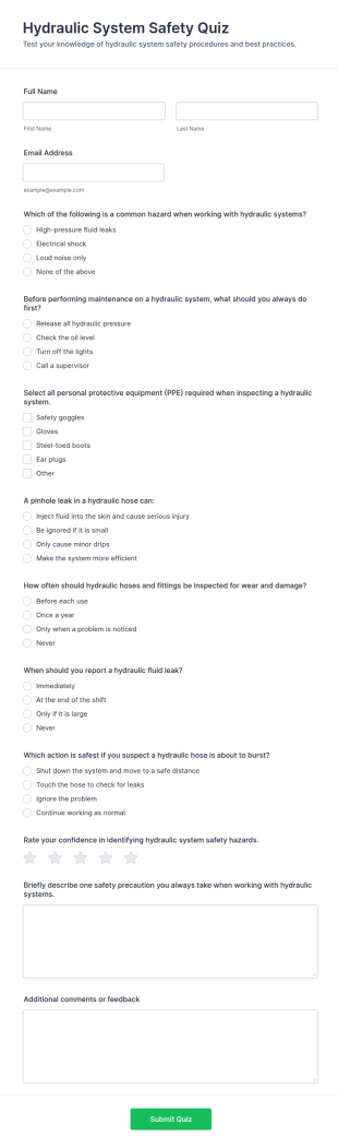 Hydraulic System Safety Quiz Form Template