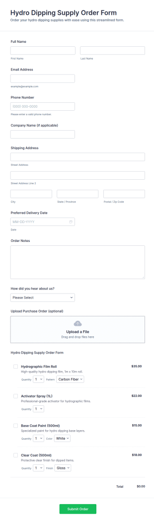 Hydro Dipping Supply Order Form Template