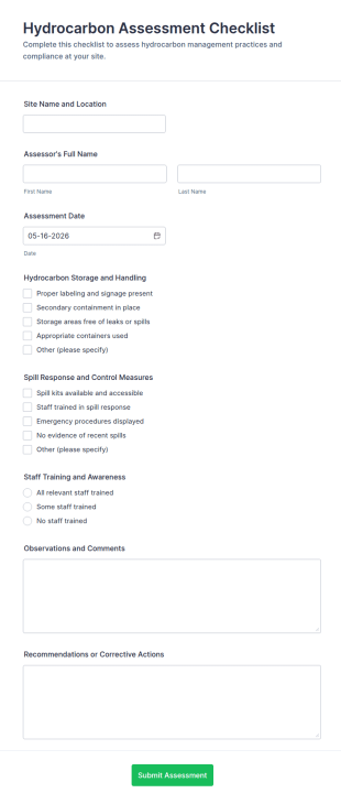 Hydrocarbon Assessment Checklist Form Template
