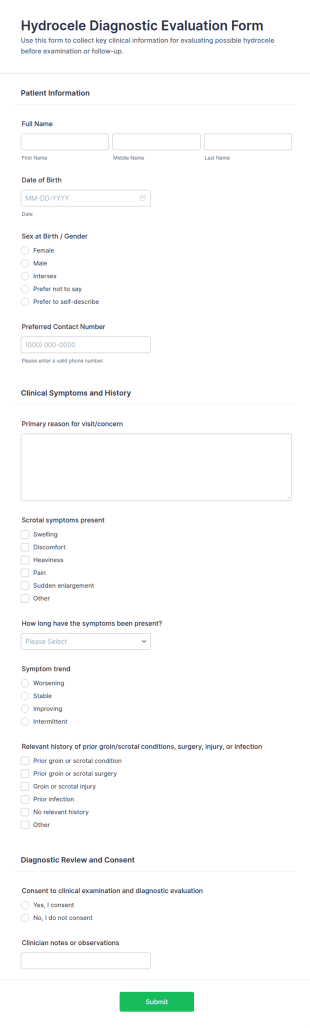 Hydrocele Diagnostic Evaluation Form Template