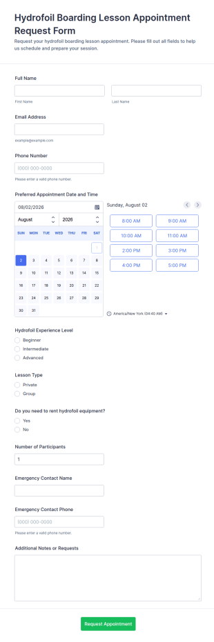 Hydrofoil Boarding Lesson Appointment Request Form Template