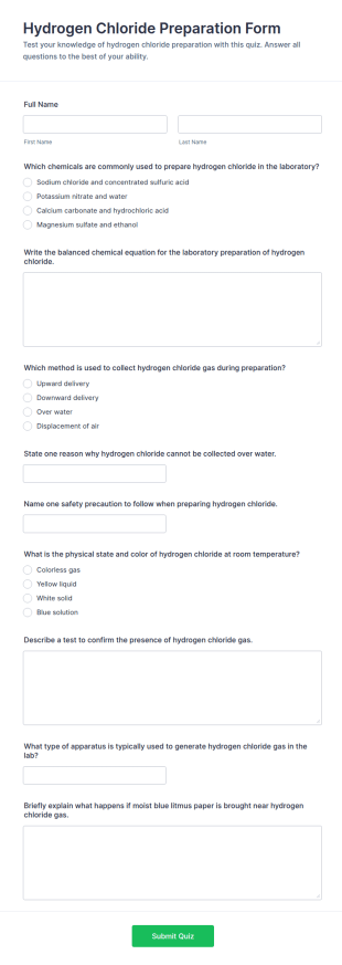 Hydrogen Chloride Preparation Quiz Form Template