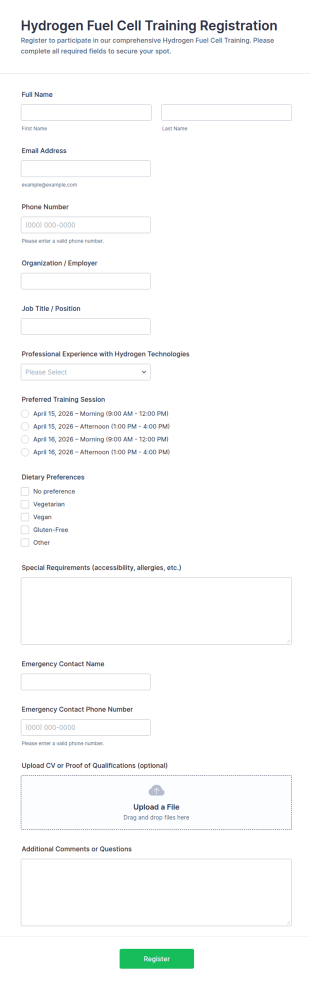 Hydrogen Fuel Cell Training Registration Form Template