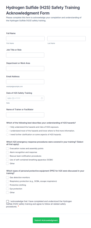 Hydrogen Sulfide (H2S) Safety Training Acknowledgment Form Template