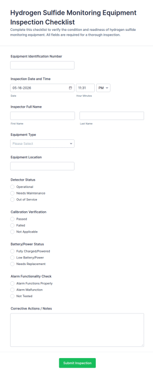 Hydrogen Sulfide Monitoring Equipment Inspection Checklist Form Template