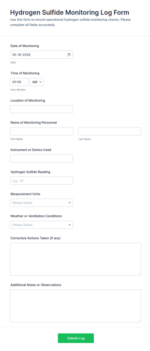 Hydrogen Sulfide Monitoring Log Form Template