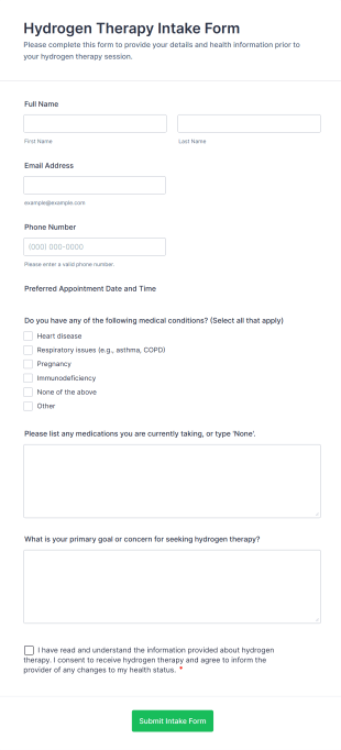 Hydrogen Therapy Intake Form Template