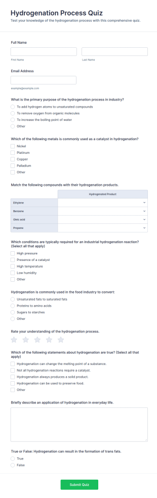 Hydrogenation Process Quiz Form Template