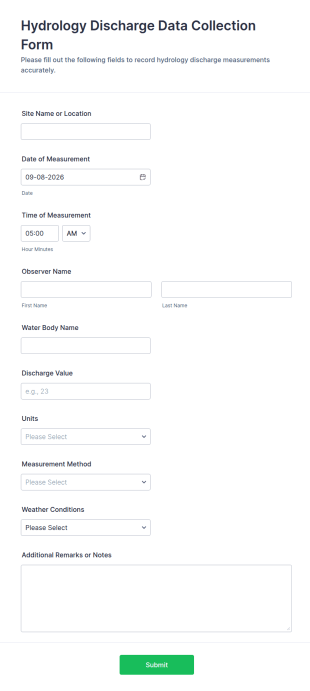 Hydrology Discharge Data Collection Form Template