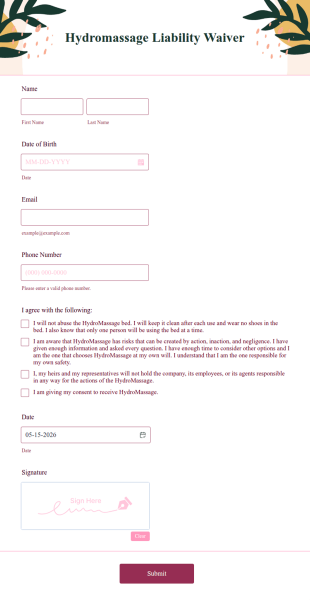 Hydromassage Liability Waiver Form Template