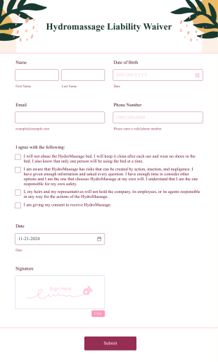 Hydromassage Liability Waiver Form Template