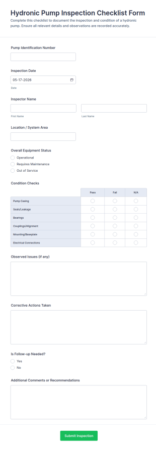 Hydronic Pump Inspection Checklist Form Template