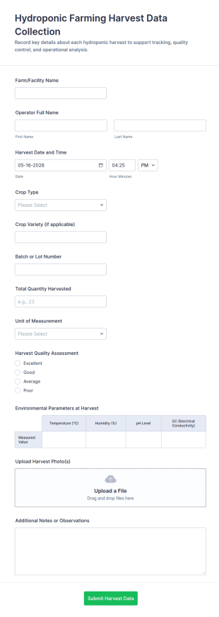 Hydroponic Farming Harvest Data Collection Form Template