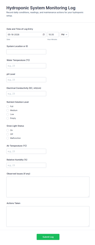 Hydroponic System Monitoring Log Form Template