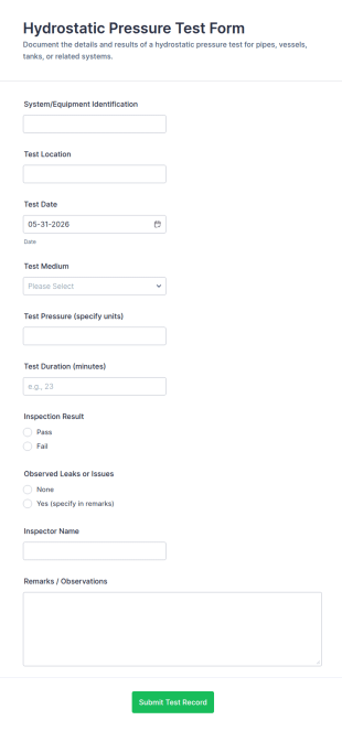 Hydrostatic Pressure Test Form Template