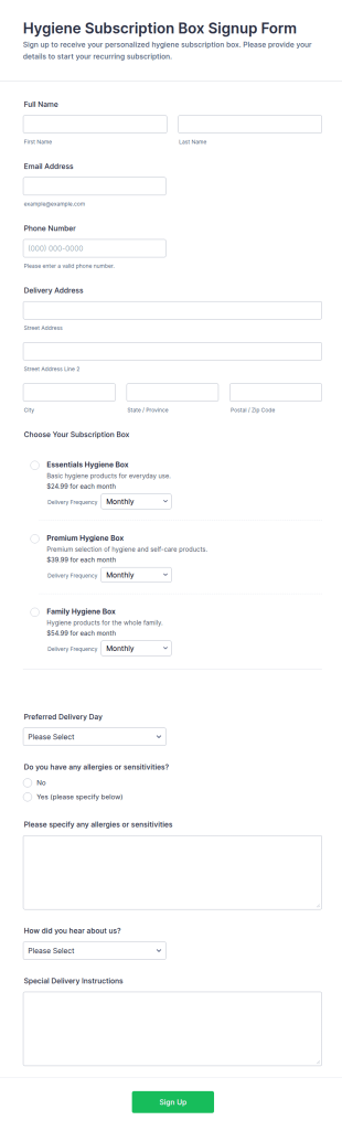 Hygiene Subscription Box Signup Form Template
