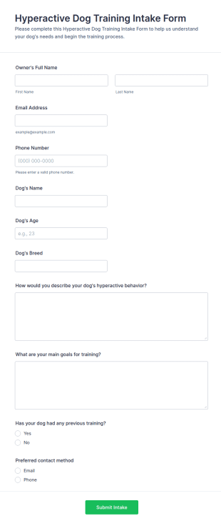 Hyperactive Dog Training Intake Form Template