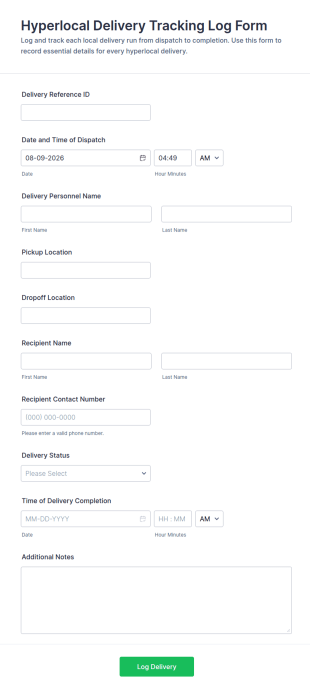 Hyperlocal Delivery Tracking Log Form Template