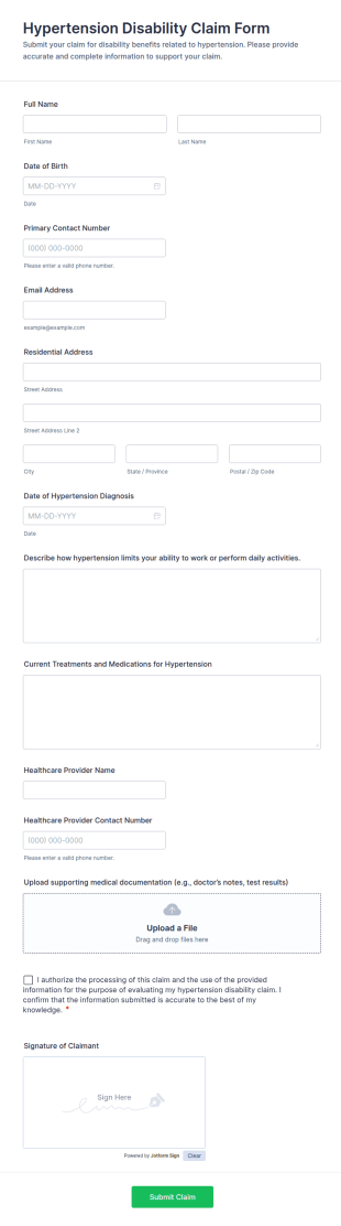 Hypertension Disability Claim Form Template