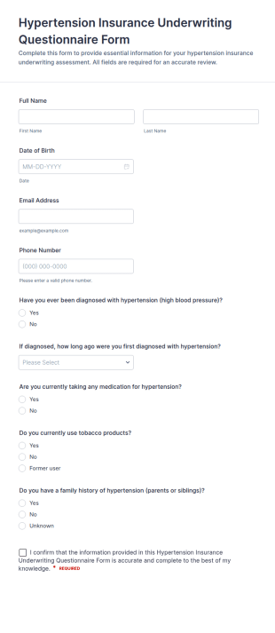 Hypertension Insurance Underwriting Questionnaire Form Template