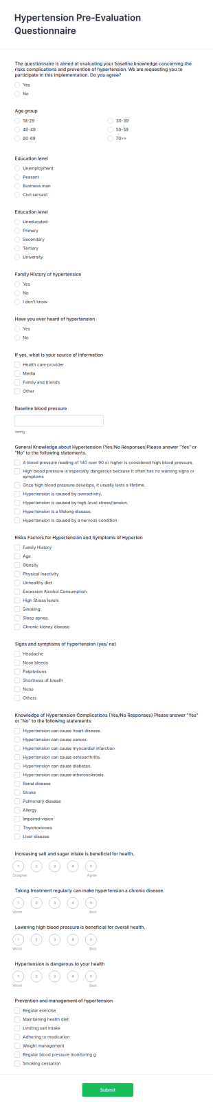Hypertension Pre Evaluation Questionnaire Form Template