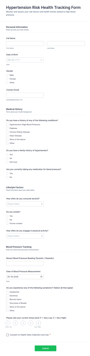 Hypertension Risk Health Tracking Form Template