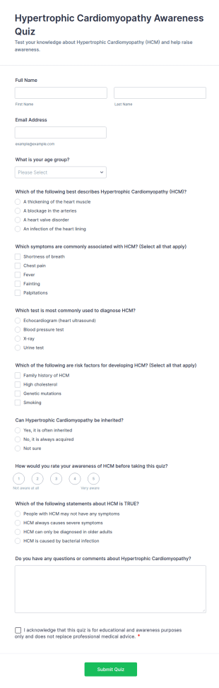 Hypertrophic Cardiomyopathy Awareness Quiz Form Template