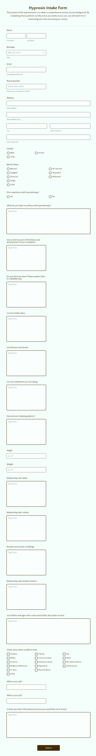 Hypnosis Intake Form Template