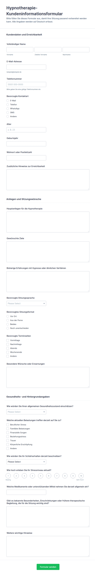 Hypnotherapie Kundeninformationen Fragebogen