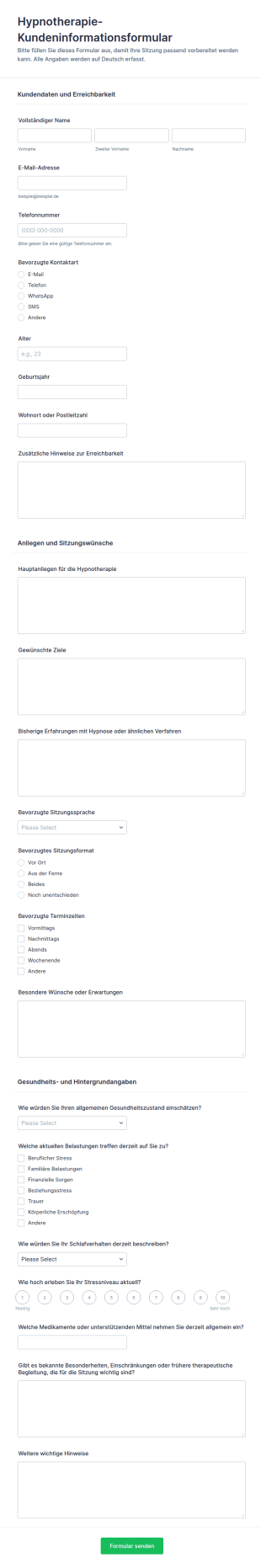 Hypnotherapie Kundeninformationen Fragebogen