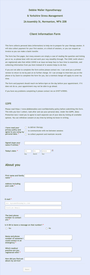 Hypnotherapy Client Information Form Template