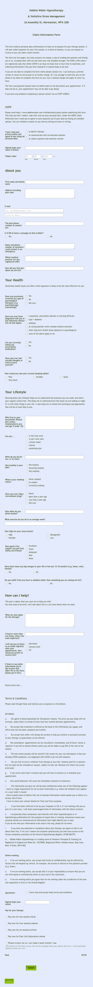 Hypnotherapy Client Information Form Template