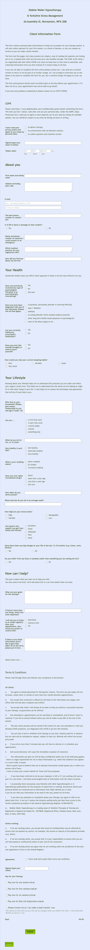 Hypnotherapy Client Information Form Template