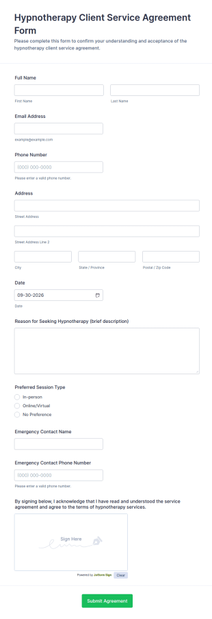 Hypnotherapy Client Service Agreement Form Template