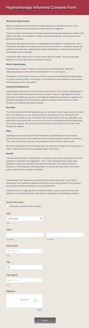 Hypnotherapy Informed Consent Form Template