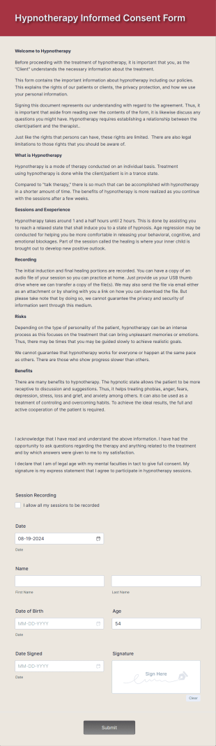Hypnotherapy Informed Consent Form Template