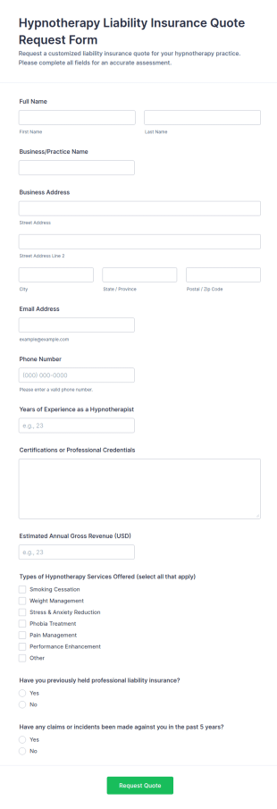 Hypnotherapy Liability Insurance Quote Request Form Template