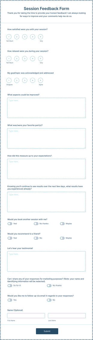Hypnotherapy Session Feedback Form Template