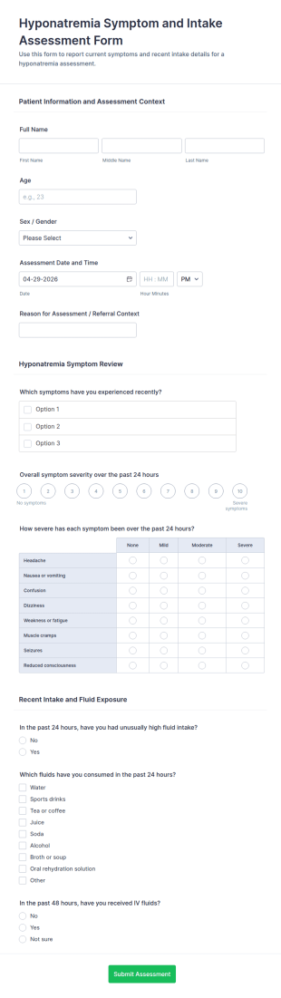 Hyponatremia Symptom And Intake Assessment Form Template
