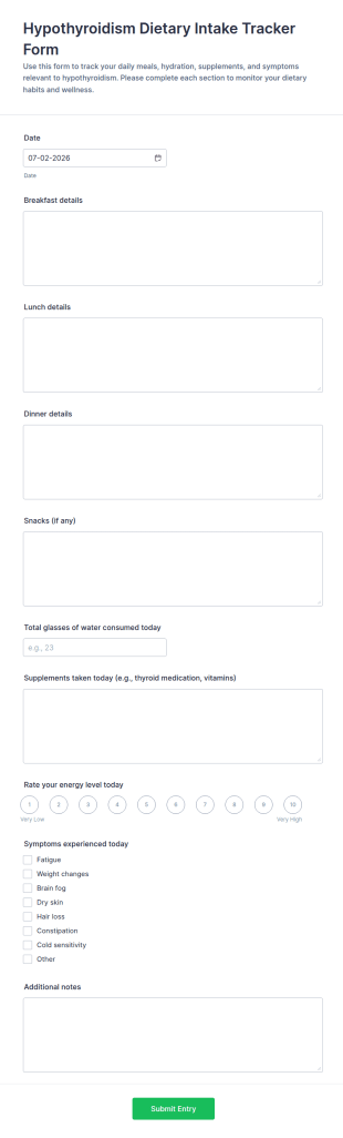 Hypothyroidism Dietary Intake Tracker Form Template